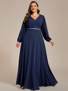 Plus Elegant waisted chiffon V-neck long sleeve guest dress wholesale#Color_Navy Blue