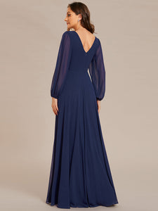 Color=Navy Blue | Elegant waisted chiffon V-neck long sleeve guest dress wholesale-Navy Blue 28