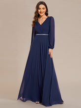 Load image into Gallery viewer, Color=Navy Blue | Elegant waisted chiffon V-neck long sleeve guest dress wholesale-Navy Blue 27