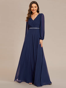 Color=Navy Blue | Elegant waisted chiffon V-neck long sleeve guest dress wholesale-Navy Blue 27