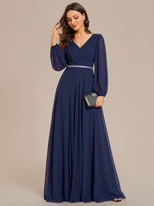 Color=Navy Blue | Elegant waisted chiffon V-neck long sleeve guest dress wholesale-Navy Blue 25