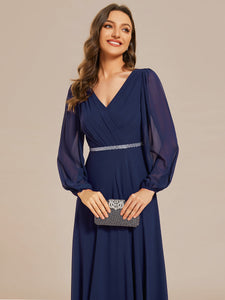 Color=Navy Blue | Elegant waisted chiffon V-neck long sleeve guest dress wholesale-Navy Blue 26