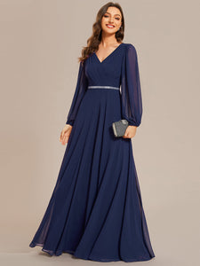 Color=Navy Blue | Elegant waisted chiffon V-neck long sleeve guest dress wholesale-Navy Blue 29