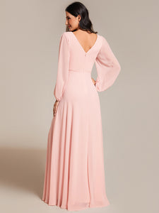 Color=Pink | Elegant waisted chiffon V-neck long sleeve guest dress wholesale-Pink 