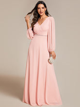 Load image into Gallery viewer, Color=Pink | Elegant waisted chiffon V-neck long sleeve guest dress wholesale-Pink 