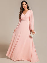 Load image into Gallery viewer, Color=Pink | Elegant waisted chiffon V-neck long sleeve guest dress wholesale-Pink 