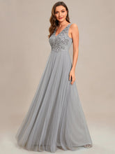 Load image into Gallery viewer, Color=Grey | Elegant  Appliques  Chiffon A-Line Floor Length V Neck Sleeveless Wholesale Evening Dress-Grey 1