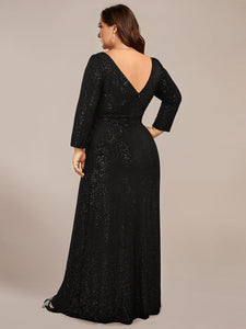 Color=Black | ExquisitePlus Size Split Floor Length V Neck Long Sleeves Wholesale Evening Dress-Black 2