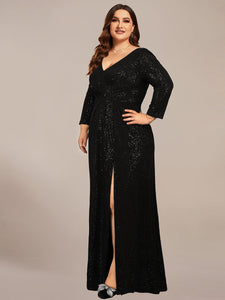 Color=Black | ExquisitePlus Size Split Floor Length V Neck Long Sleeves Wholesale Evening Dress-Black 3