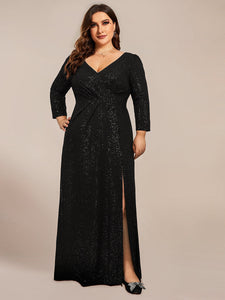 Color=Black | ExquisitePlus Size Split Floor Length V Neck Long Sleeves Wholesale Evening Dress-Black 1