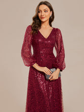 Load image into Gallery viewer, Elegant waisted chiffon V-neck long sleeve guest dress wholesale#Color_Burgundy