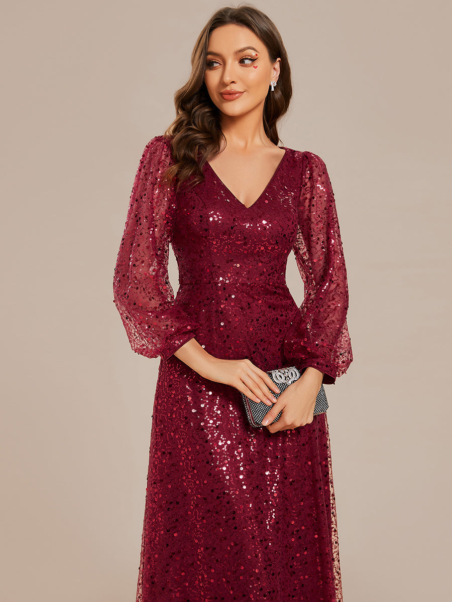 Elegant waisted chiffon V-neck long sleeve guest dress wholesale#Color_Burgundy
