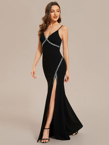 V Neck Side Split Fishtail Shiny Wholesale Evening Dresses#Color_Black