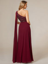 Load image into Gallery viewer, Color=Burgundy | A-Line Shiny Sequin Chiffon Bodice One Shoulder Sleeveless Evening Dresses-Burgundy 3