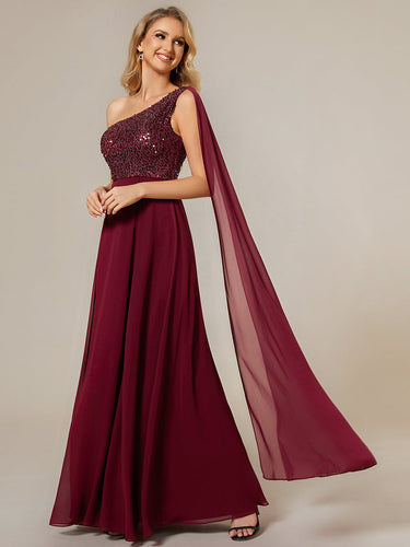 Color=Burgundy | A-Line Shiny Sequin Chiffon Bodice One Shoulder Sleeveless Evening Dresses-Burgundy 1