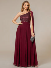 Load image into Gallery viewer, Color=Burgundy | A-Line Shiny Sequin Chiffon Bodice One Shoulder Sleeveless Evening Dresses-Burgundy 2