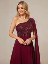 Load image into Gallery viewer, Color=Burgundy | A-Line Shiny Sequin Chiffon Bodice One Shoulder Sleeveless Evening Dresses-Burgundy 4