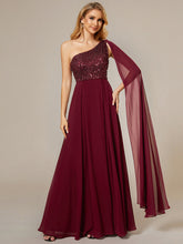 Load image into Gallery viewer, Color=Burgundy | A-Line Shiny Sequin Chiffon Bodice One Shoulder Sleeveless Evening Dresses-Burgundy 5