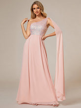 Load image into Gallery viewer, Color=Pink | A-Line Shiny Sequin Chiffon Bodice One Shoulder Sleeveless Evening Dresses-Pink 9