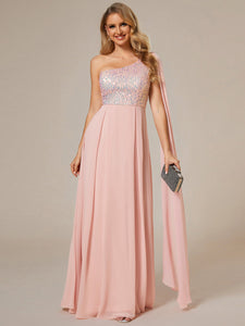 Color=Pink | A-Line Shiny Sequin Chiffon Bodice One Shoulder Sleeveless Evening Dresses-Pink 