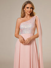 Load image into Gallery viewer, Color=Pink | A-Line Shiny Sequin Chiffon Bodice One Shoulder Sleeveless Evening Dresses-Pink 