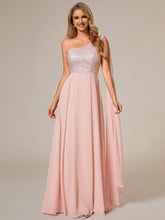 Load image into Gallery viewer, Color=Pink | A-Line Shiny Sequin Chiffon Bodice One Shoulder Sleeveless Evening Dresses-Pink 