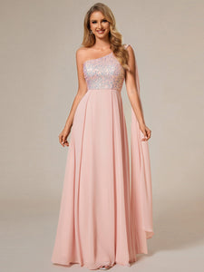Color=Pink | A-Line Shiny Sequin Chiffon Bodice One Shoulder Sleeveless Evening Dresses-Pink 