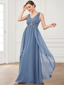 Color=Dusty Navy | Adorable A Line Deep V Neck Floor Length Wholesale Bridesmaid Dresses-Dusty Navy 1