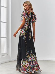Color=Black and printed | Adorable Wholesale Evening Dresses with V Neck and Ruffles Sleeves-Black and printed 2