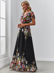 Color=Black and printed | Adorable Wholesale Evening Dresses with V Neck and Ruffles Sleeves-Black and printed 3