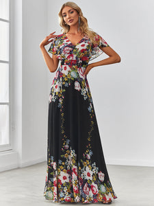 Color=Black and printed | Adorable Wholesale Evening Dresses with V Neck and Ruffles Sleeves-Black and printed 4