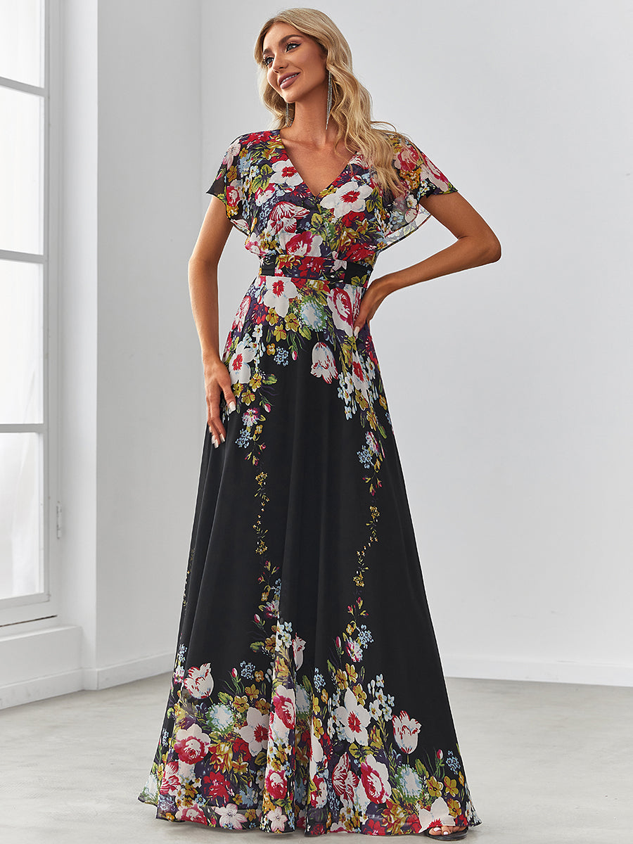 Color=Black and printed | Adorable Wholesale Evening Dresses with V Neck and Ruffles Sleeves-Black and printed 1