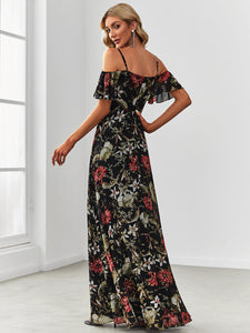 Color=Black and printed | Floral Print Off Shoulder Ruffles Sleeves Wholesale Evening Dresses-Black and printed 2