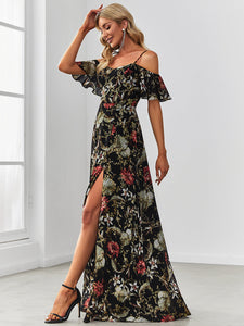 Color=Black and printed | Floral Print Off Shoulder Ruffles Sleeves Wholesale Evening Dresses-Black and printed 3