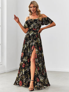 Color=Black and printed | Floral Print Off Shoulder Ruffles Sleeves Wholesale Evening Dresses-Black and printed 4