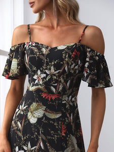 Color=Black and printed | Floral Print Off Shoulder Ruffles Sleeves Wholesale Evening Dresses-Black and printed 5