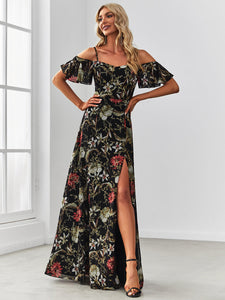 Color=Black and printed | Floral Print Off Shoulder Ruffles Sleeves Wholesale Evening Dresses-Black and printed 1