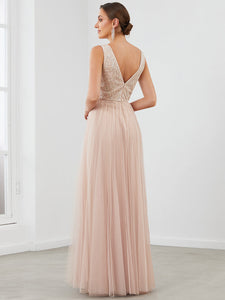 Color=Blush | Hot Sleeveless Deep V Neck Wholesale Evening Dresses with A Line-Blush 2