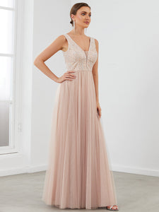 Color=Blush | Hot Sleeveless Deep V Neck Wholesale Evening Dresses with A Line-Blush 3