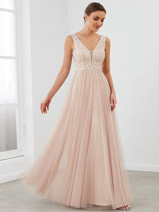 Color=Blush | Hot Sleeveless Deep V Neck Wholesale Evening Dresses with A Line-Blush 4