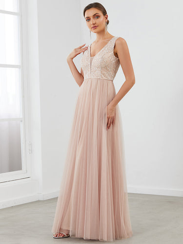 Color=Blush | Hot Sleeveless Deep V Neck Wholesale Evening Dresses with A Line-Blush 1