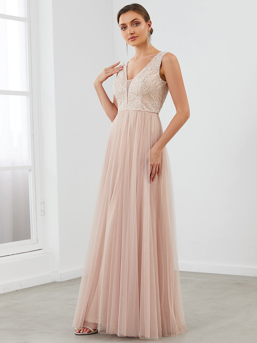 Color=Blush | Hot Sleeveless Deep V Neck Wholesale Evening Dresses with A Line-Blush 1