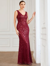 Load image into Gallery viewer, Color=Burgundy | Sleeveless Fishtail Deep V Neck Wholesale Evening Dresses-Burgundy 1