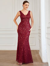 Load image into Gallery viewer, Color=Burgundy | Sleeveless Fishtail Deep V Neck Wholesale Evening Dresses-Burgundy 2