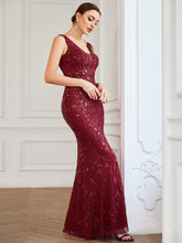 Load image into Gallery viewer, Color=Burgundy | Sleeveless Fishtail Deep V Neck Wholesale Evening Dresses-Burgundy 4