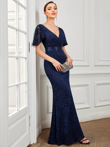 Color=Navy Blue | Short Ruffles Sleeves Fishtail Deep V Neck Wholesale Evening Dresses-Navy Blue 4