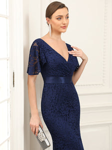 Color=Navy Blue | Short Ruffles Sleeves Fishtail Deep V Neck Wholesale Evening Dresses-Navy Blue 5