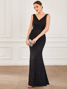 Color=Black | Deep V Neck Sleeveless Fishtail Floor Length Wholesale Evening Dresses-Black 3