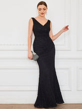 Load image into Gallery viewer, Color=Black | Deep V Neck Sleeveless Fishtail Floor Length Wholesale Evening Dresses-Black 4