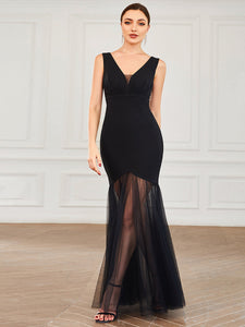 Color=Black | Sleeveless Deep V Neck Fishtail Wholesale Evening Dresses-Black 4